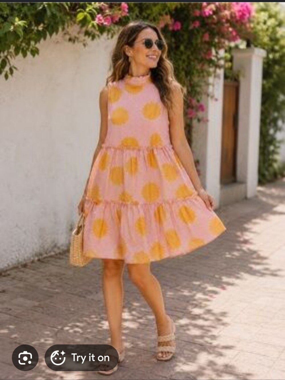 Tiered Pink Midi Dress with Yellow Polka Dots